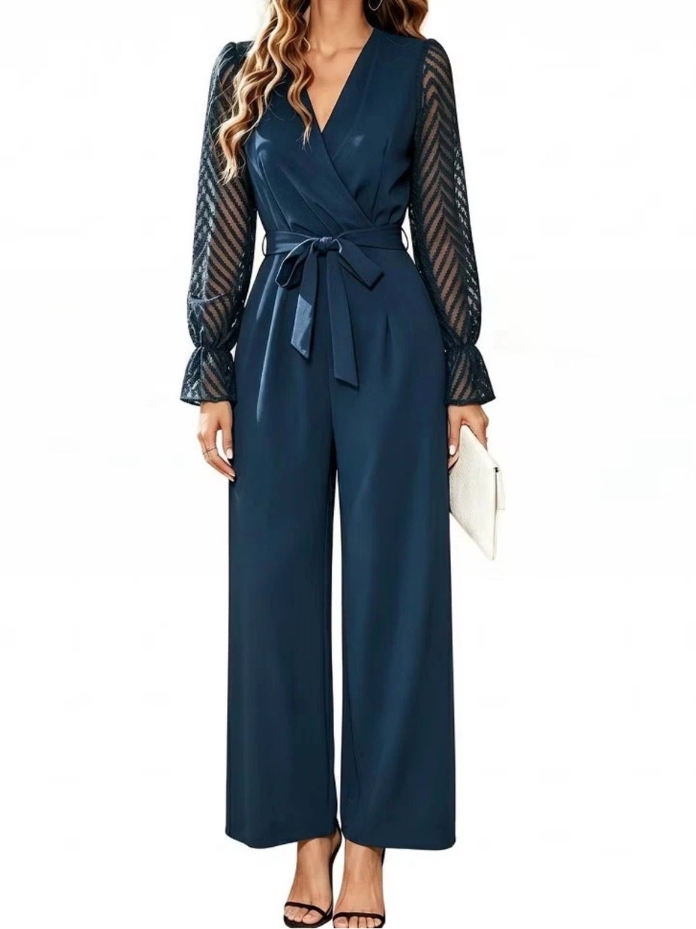 Elegant Navy Wrap Jumpsuit with Sheer Chevron Sleeves